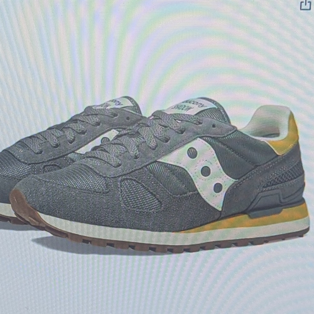 Gray and White Sneakers with Yellow Accents